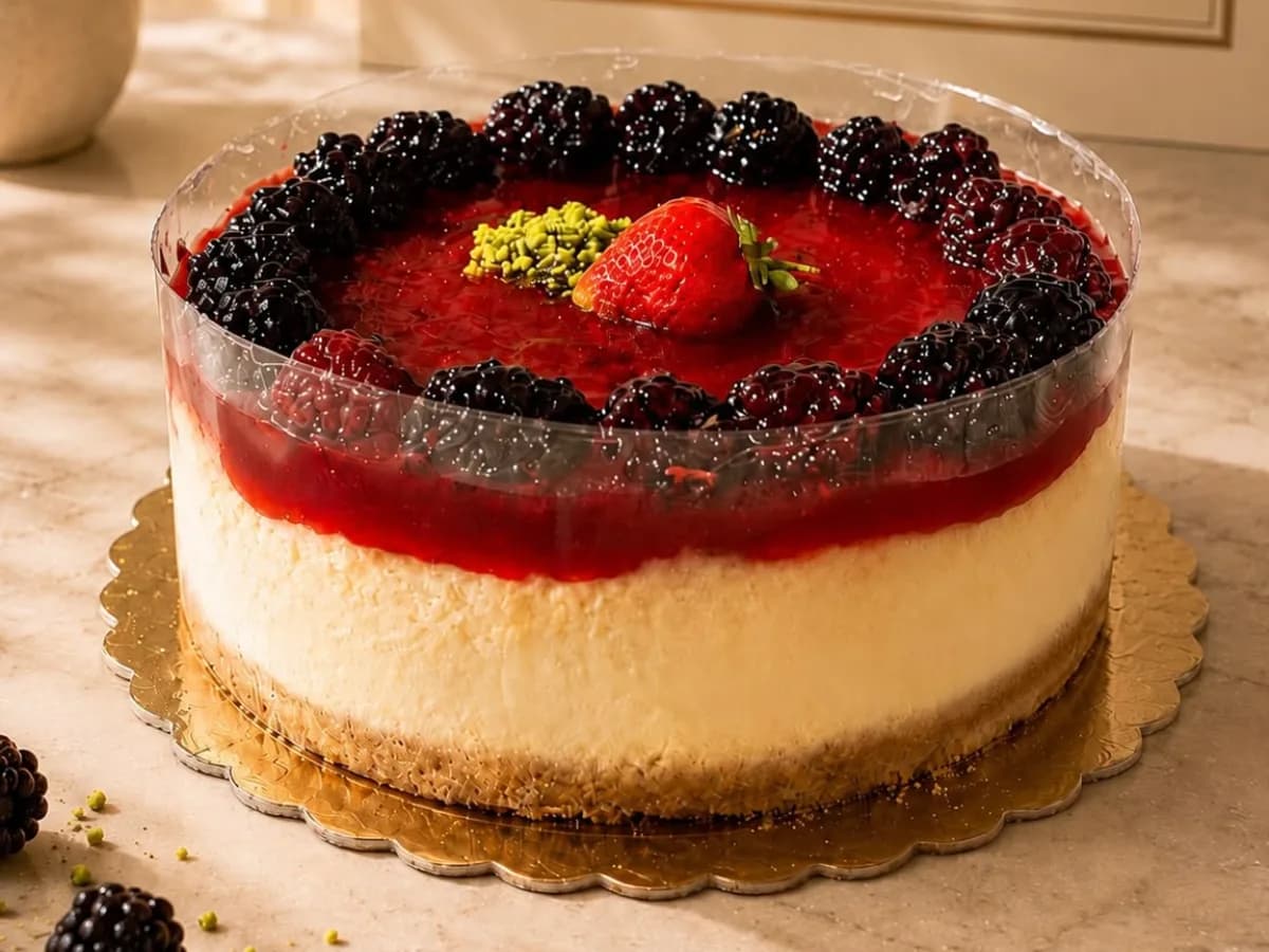 Meyve soslu ve böğürtlenlerle çevrelenmiş cheesecake