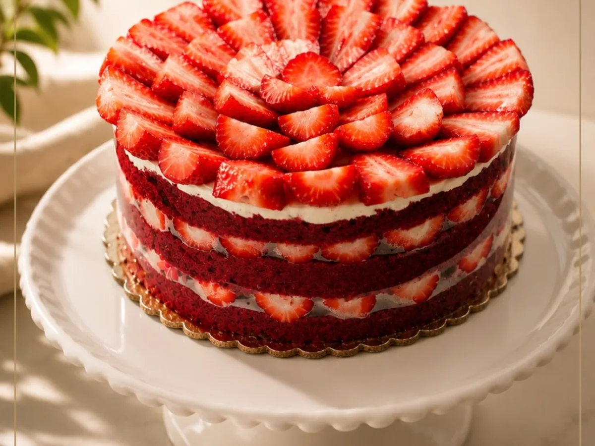 Kırmızı kadife katmanları ve dilimlenmiş çileklerle süslenmiş red velvet pasta